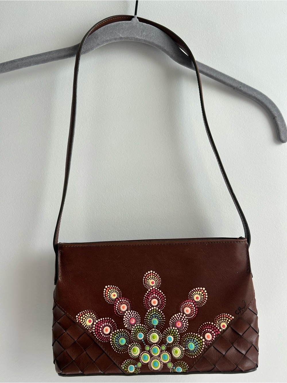 Nine West Brown Leather Shoulder Bag Woven Detail + Colorful Beaded Design